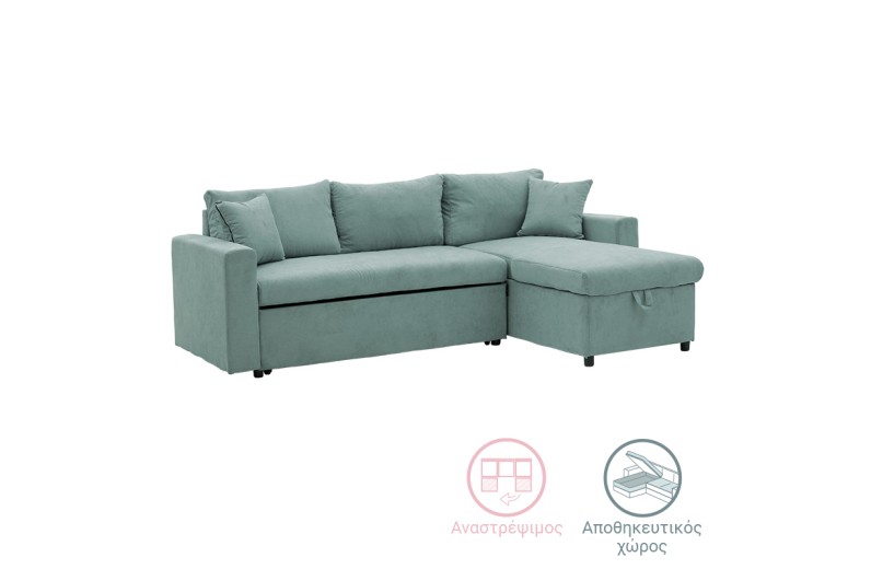 Γωνιακός καναπές-κρεβάτι αναστρέψιμος Lilian pakoworld ύφασμα πράσινο μέντας 225x148x81εκ