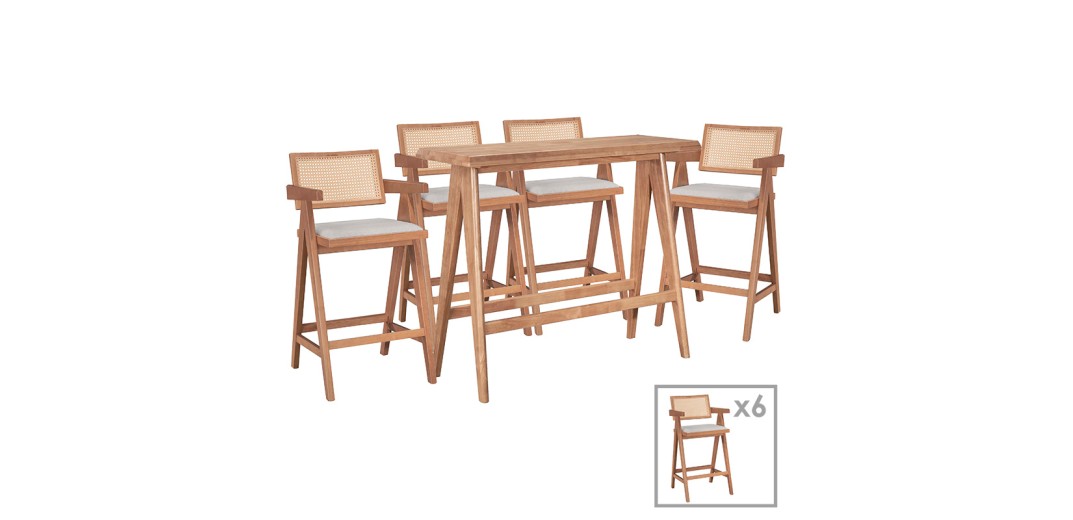 Τραπεζαρία μπαρ Winslow I pakoworld σετ 7τεμ ξύλο rubberwood ανοιχτό καρυδί 120x45x100εκ