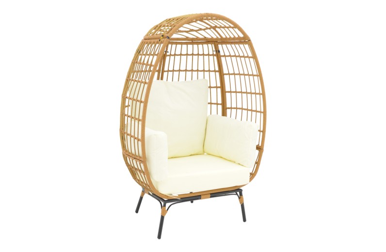 Πολυθρόνα Frox pakoworld wicker rattan φυσικό-μεταλλικό φυσικό-μαύρο πόδι-μπεζ μαξιλάρι 96x76x145εκ