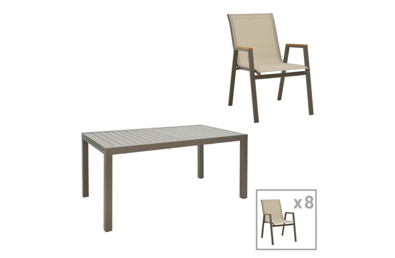 Τραπεζαρία Lafla-Azelie pakoworld σετ 9τεμ σαμπανιζέ αλουμίνιο και plywood σε φυσική απόχρωση 160-240x90x75εκ