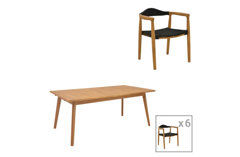 Τραπεζαρία 7 τεμ. Ganny-Pino pakoworld teak ξύλο σε φυσική - μαυρη απόχρωση 180/240x100x75εκ