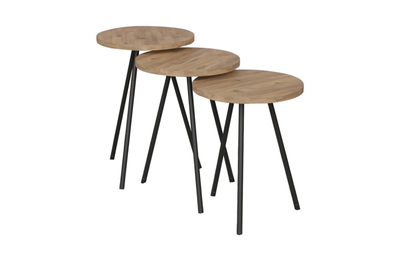 Βοηθητικό τραπέζι Sebko pakoworld σετ 3τεμ oak μελαμίνης-μαύρο μέταλλο
