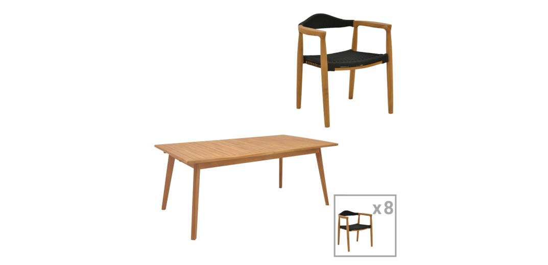 Τραπεζαρία 9 τεμ. Ganny-Pino pakoworld teak ξύλο σε φυσική - μαυρη απόχρωση 180/240x100x75εκ