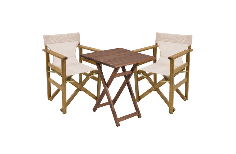 Tραπεζαρία Retto σετ 3τμχ μασίφ ξύλο οξιάς καρυδί-πανί γκρι μπεζ 60x60x71εκ