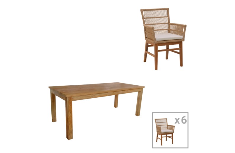 Τραπεζαρία Inca-Wooly pakoworld σετ 7τεμ σε φυσική-μπεζ απόχρωση 220x90x75εκ