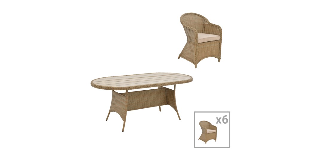 Tραπεζαρία Hadrian-Keir pakoworld σετ 7τεμ καφέ rattan-μπεζ textilene-καφέ αλουμίνιο 180x90x72εκ