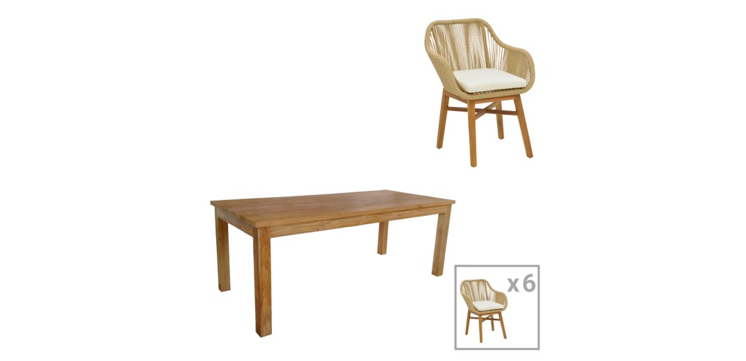 Τραπεζαρία Kalie-Wooly pakoworld σετ 7τεμ σε φυσική-μπεζ απόχρωση 220x90x75εκ