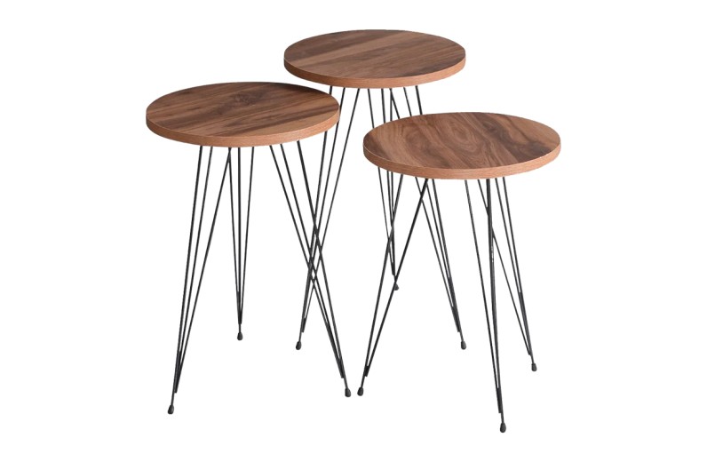 Βοηθητικά τραπέζια Wakmi pakoworld σετ 3τεμ φυσικό μελαμίνης-μαύρο μέταλλο