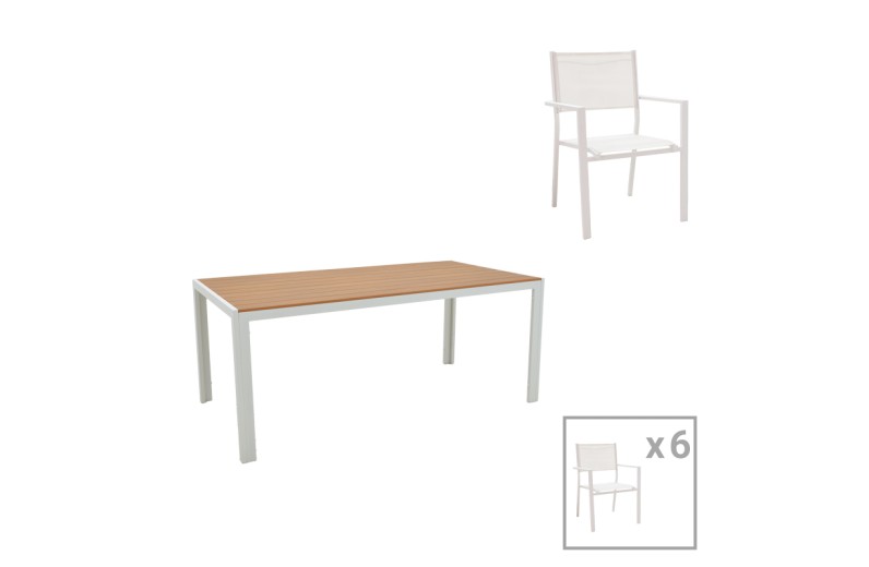Τραπεζαρία Zacreta-Nares σετ 7τεμ pakoworld λευκό αλουμίνιο και plywood σε φυσικό χρώμα 180x90x72.5εκ