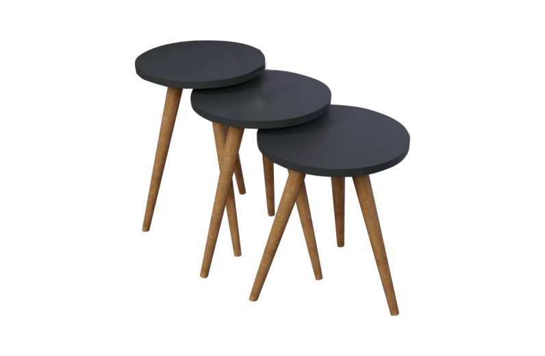Βοηθητικά τραπέζια Perjene pakoworld σετ 3τεμ μελαμίνη σε ανθρακί απόχρωση και ξύλινα πόδια