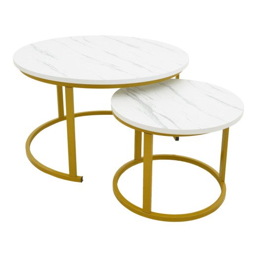 Τραπέζι σαλονιού Revelon pakoworld σετ 2τεμ mdf σε απόχρωση λευκού όψης μαρμάρου 80x80x45εκ
