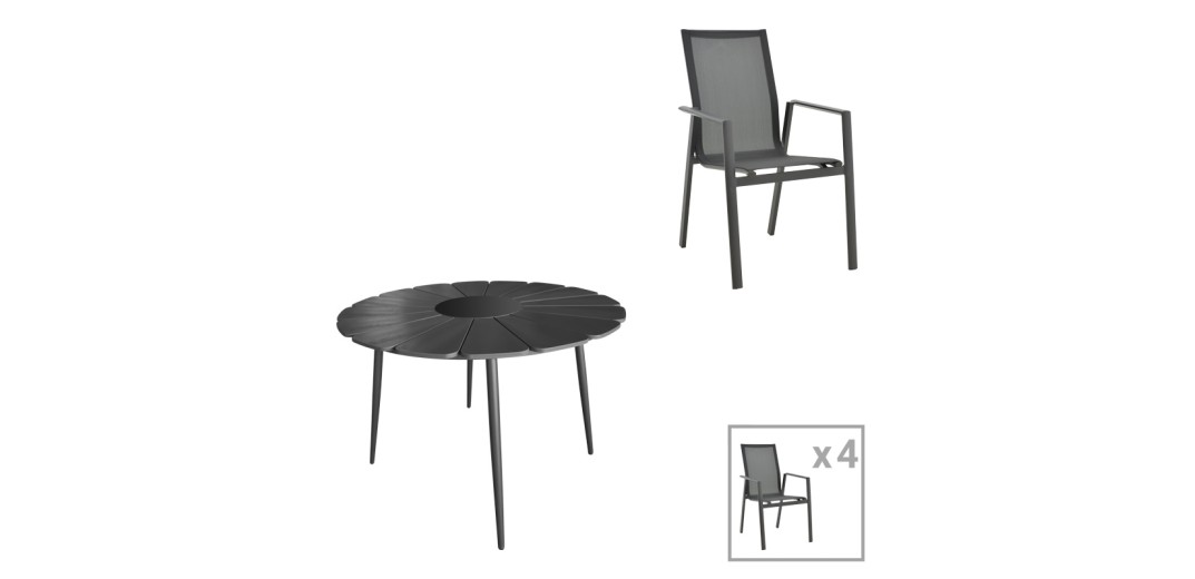 Τραπεζαρία Pinap-Dashiell σετ 5τεμ pakoworld μαύρο αλουμίνιο και plywood σε μαύρη απόχρωση Φ110x74εκ