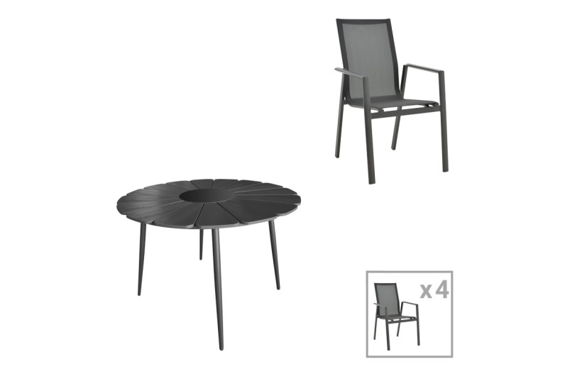 Τραπεζαρία Pinap-Dashiell σετ 5τεμ pakoworld μαύρο αλουμίνιο και plywood σε μαύρη απόχρωση Φ110x74εκ