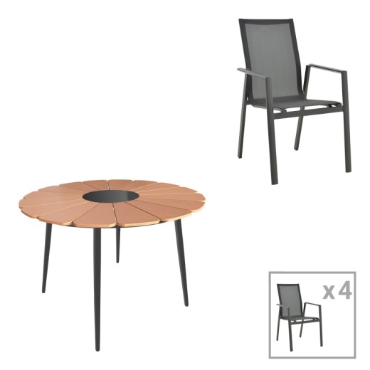 Τραπεζαρία Pinap-Dashiell σετ 5τεμ pakoworld μαύρο αλουμίνιο και plywood σε φυσική απόχρωση Φ110x74εκ