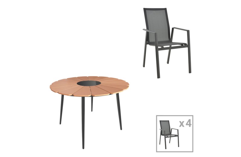 Τραπεζαρία Pinap-Dashiell σετ 5τεμ pakoworld μαύρο αλουμίνιο και plywood σε φυσική απόχρωση Φ110x74εκ