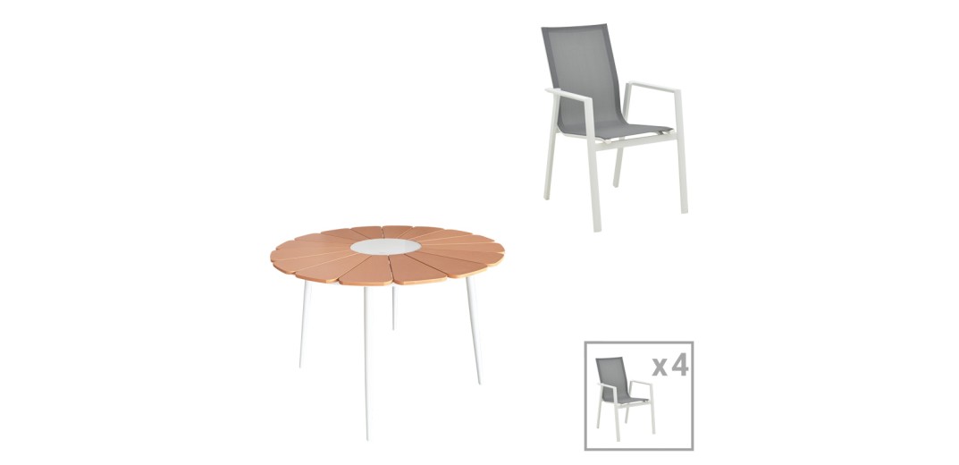 Τραπεζαρία Pinap-Dashiell σετ 5τεμ pakoworld λευκό αλουμίνιο και plywood σε φυσική απόχρωση Φ110x74εκ