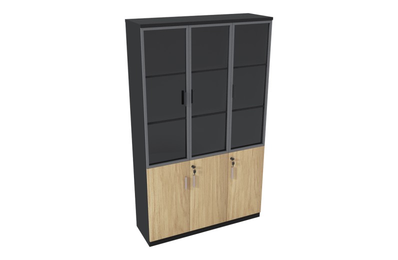 Ντουλάπα γραφείου με γυάλινες πόρτες Lotus pakoworld χρώμα φυσικό - ανθρακί 120x40x200εκ