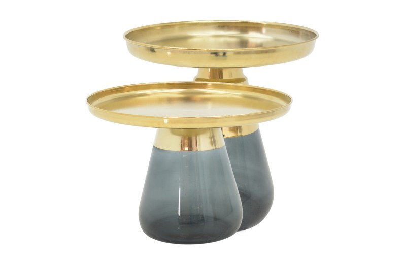 Τραπέζια σαλονιού Kunlo Inart σετ 2τεμ χρυσό χρώμιο-μαύρο γυαλί