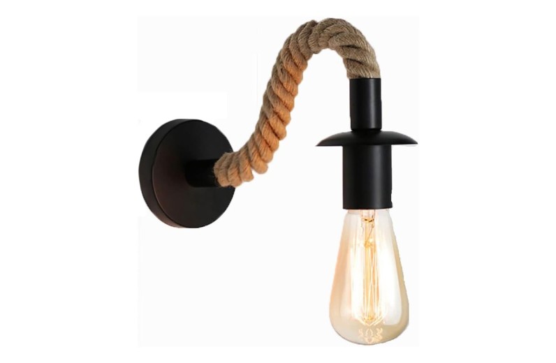 Φωτιστικό τοίχου-απλίκα Kaniwel pakoworld E27 μέταλλο και σχοινί σε μαύρη-φυσική απόχρωση 28x10x10εκ