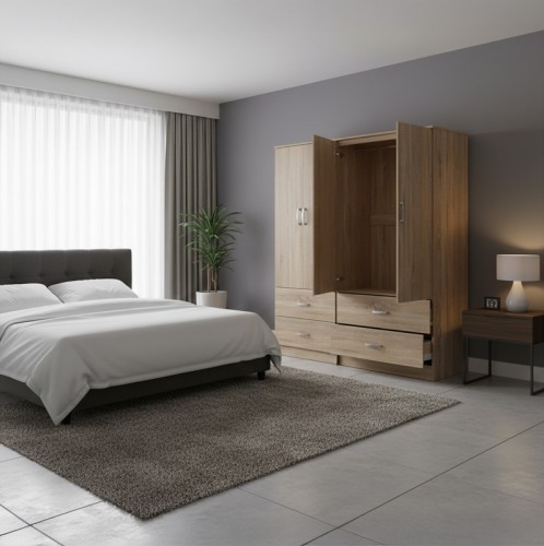 Ντουλάπα τετράφυλλη με συρτάρια Athos pakoworld sonoma 160x42x180εκ