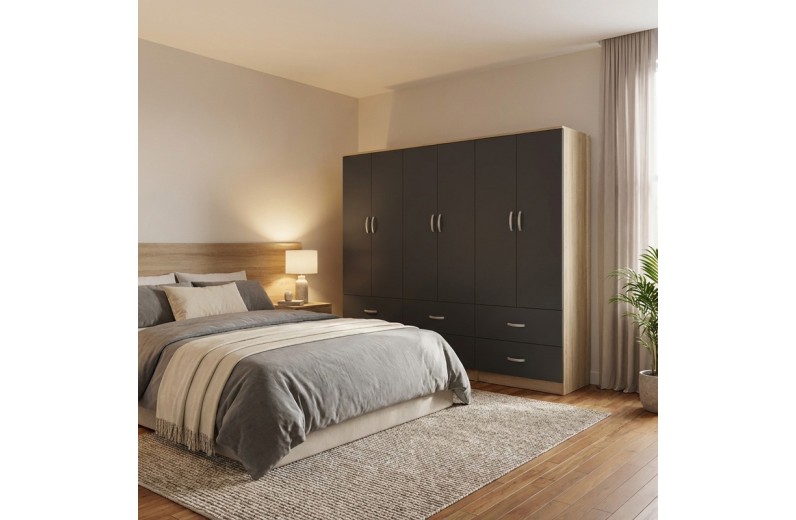 Ντουλάπα εξάφυλλη με συρτάρια Athos pakoworld sonoma-ανθρακι 240x42x180εκ