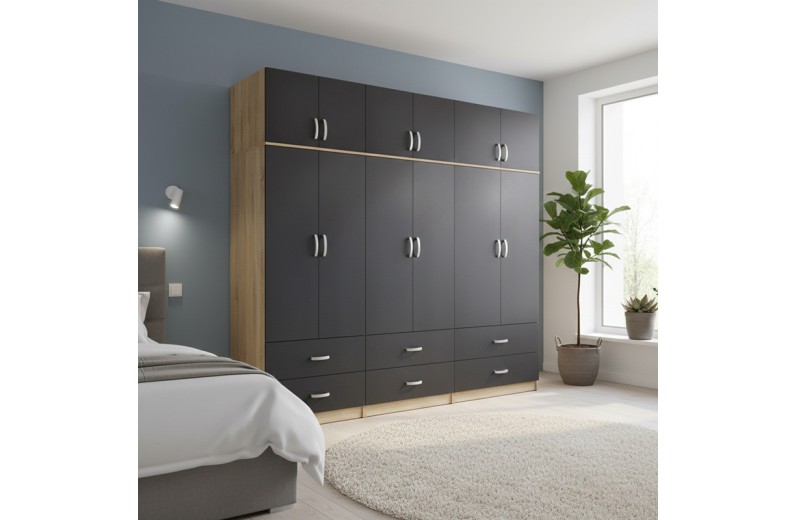 Ντουλάπα εξάφυλλη με συρτάρια και πατάρι Athos pakoworld sonoma-ανθρακί 240x42x240εκ