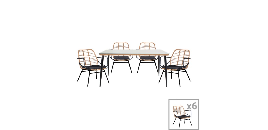 Τραπεζαρία Naoki B pakoworld σετ 7 τμχ rattan φυσικό-μαύρο μέταλλο-γυαλί 160x90x78εκ