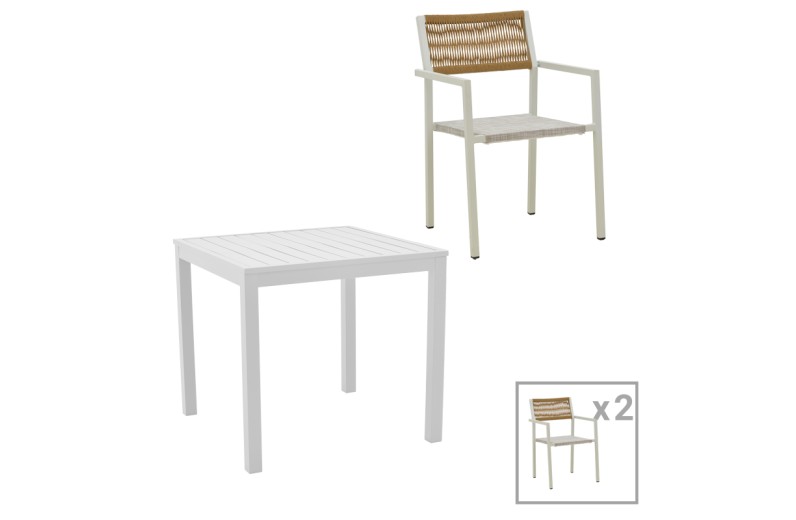 Τραπεζαρία Savor-Kliton σετ 3τεμ pakoworld λευκό αλουμίνιο και rattan σε φυσικό χρώμα 80x80x74εκ