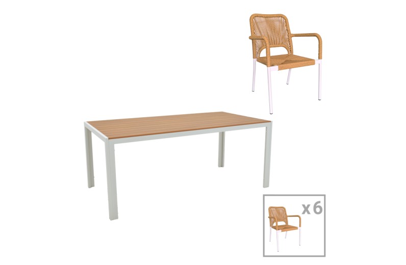 Τραπεζαρία Nares-Norture B σετ 7τεμ pakoworld λευκό αλουμίνιο και plywood σε φυσική απόχρωση 180x90x72.5εκ