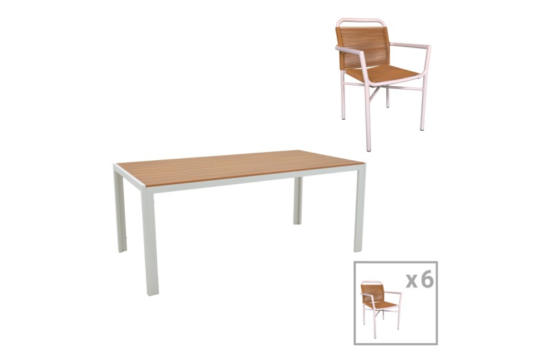 Τραπεζαρία Nares-Clutch B σετ 7τεμ pakoworld λευκό αλουμίνιο και plywood σε φυσική απόχρωση 180x90x72.5εκ