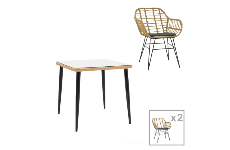 Τραπεζαρία Naoki V σετ 3τεμ pakoworld rattan pe σε φυσική απόχρωση και μαύρο μέταλλο 80x80x78εκ