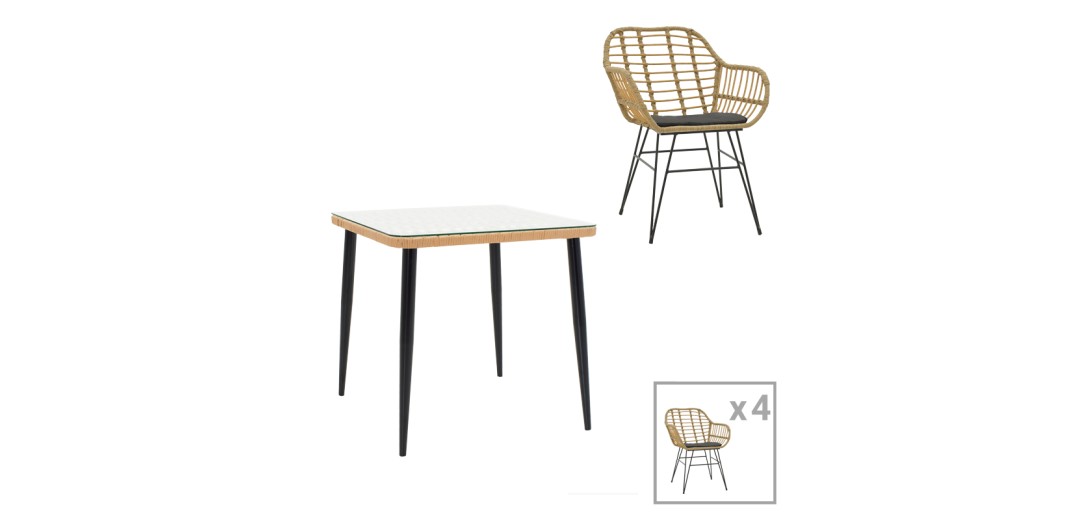 Τραπεζαρία Naoki V σετ 5τεμ pakoworld rattan pe σε φυσική απόχρωση και μαύρο μέταλλο 80x80x78εκ