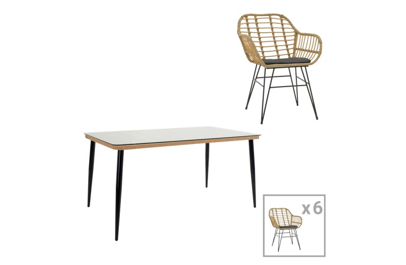 Τραπεζαρία Naoki Χ σετ 7τεμ pakoworld rattan pe σε φυσική απόχρωση και μαύρο μέταλλο 160x90x78εκ