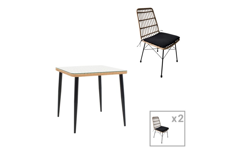 Τραπεζαρία Naoki U σετ 3τεμ pakoworld rattan pe σε φυσική απόχρωση και μαύρο μέταλλο 80x80x78εκ