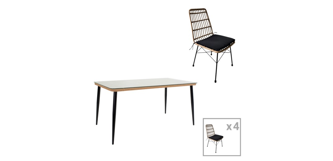 Τραπεζαρία Naoki U σετ 5τεμ pakoworld rattan pe σε φυσική απόχρωση και μαύρο μέταλλο 160x90x78εκ