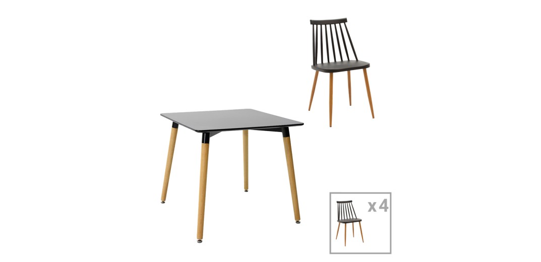 Τραπεζαρία Aurora-Natali pakoworld σετ 5τεμ pp-mdf σε μαύρη-φυσική απόχρωση 80x80x76εκ