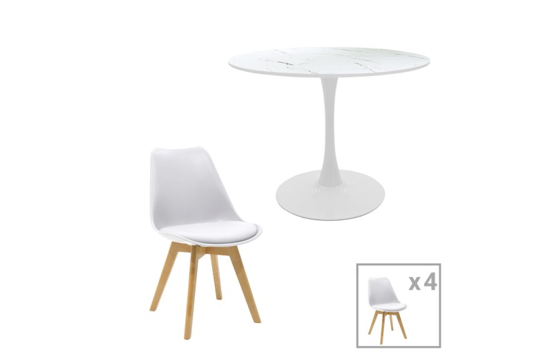 Τραπεζαρία Gaston-Balou pakoworld σετ 5τεμ pp-mdf σε λευκό μαρμάρου απόχρωση Φ120x73εκ