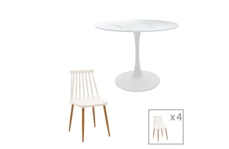 Τραπεζαρία Aurora-Balou pakoworld σετ 5τεμ pp-mdf σε λευκό μαρμάρου απόχρωση Φ120x73εκ