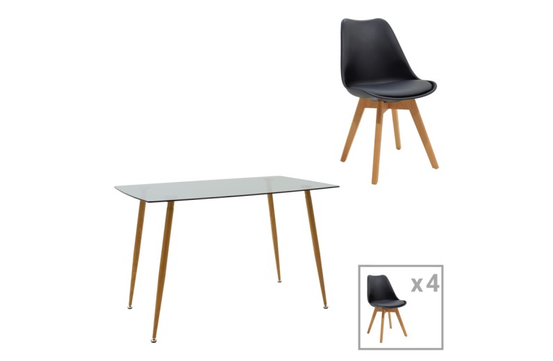 Τραπεζαρία Chloe -Gaston pakoworld σετ 5τεμ γυάλινο 8χιλ ανθρακί - πόδι φυσικό 120x70x75εκ