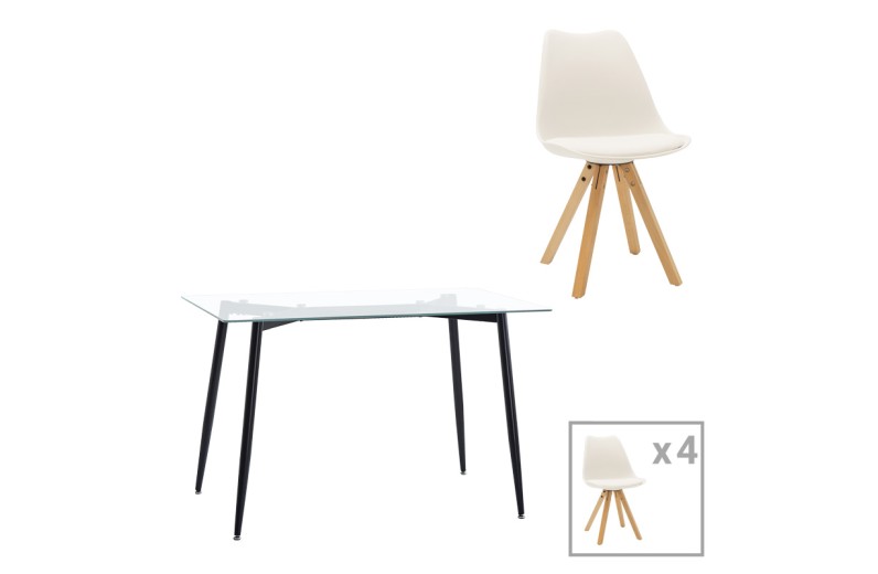 Τραπεζαρία Quana-Caron pakoworld σετ 5τεμ γυάλινο 8χιλ διάφανο - λευκό πόδι 120x70x75εκ