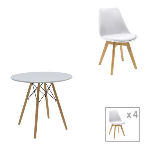 Τραπεζαρία Julita-Gaston σετ 5τεμ pakoworld MDF και ξύλο οξιάς σε λευκή-φυσική απόχρωση Φ80x73εκ