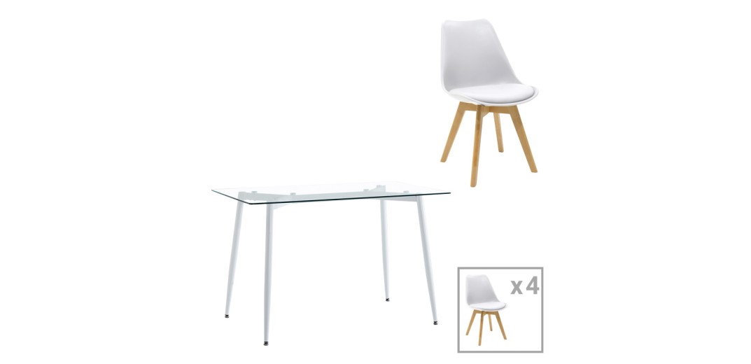 Τραπεζαρία Quana-Gaston pakoworld σετ 5τεμ γυάλινο 8χιλ διάφανο - λευκό 120x70x75εκ