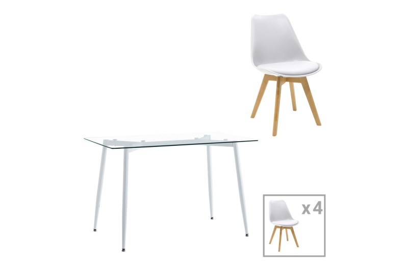 Τραπεζαρία Quana-Gaston pakoworld σετ 5τεμ γυάλινο 8χιλ διάφανο - λευκό 120x70x75εκ