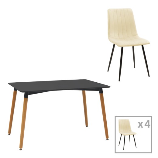 Τραπεζαρία Natali-Noor pakoworld σετ 5τεμ  MDF μαύρο-μπεζ ύφασμα 120x80x76εκ