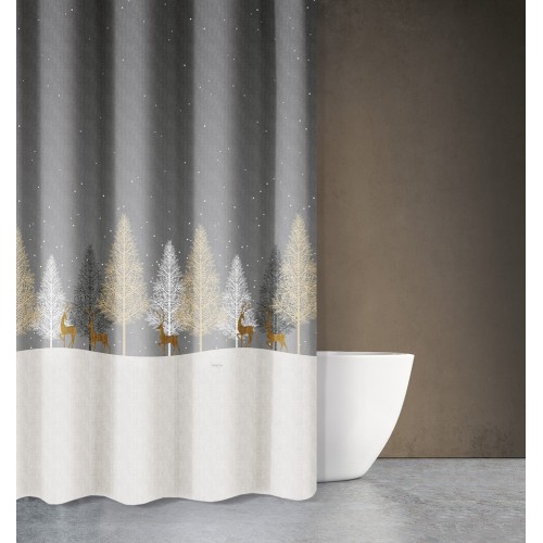 Κουρτίνα Μπάνιου Χριστουγεννιάτικη Des 416 Natural με Κρίκους 180x200