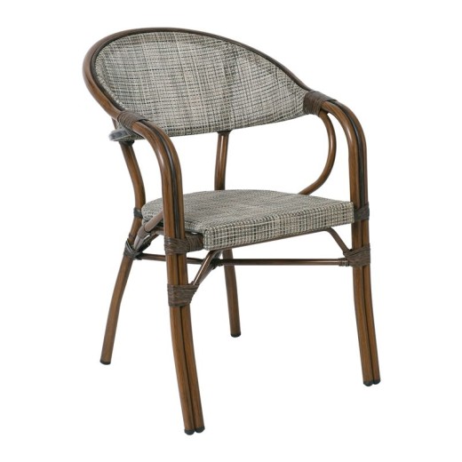 VEGERA Πολυθρόνα Dining Αλουμίνιο Βαφή Καρυδί Textilene Μπεζ, Στοιβαζόμενη Καρυδί