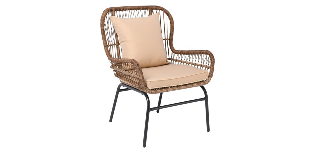 SALSA MAX Πολυθρόνα Μέταλλο Βαφή Μαύρο, Wicker Φυσικό, Μαξιλάρι Μπεζ Μαύρο