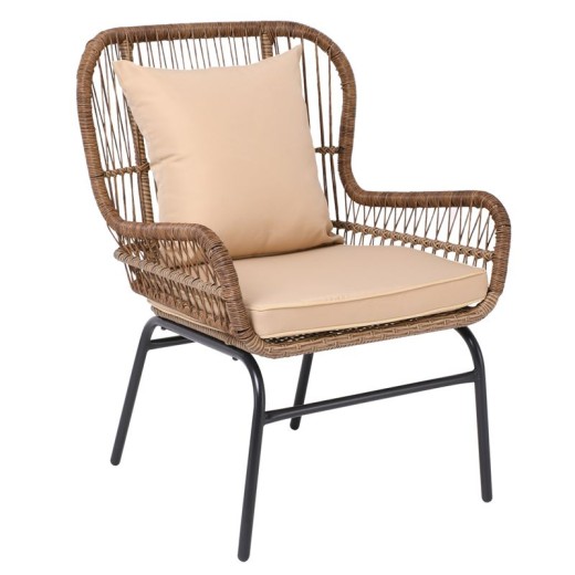SALSA MAX Πολυθρόνα Μέταλλο Βαφή Μαύρο, Wicker Φυσικό, Μαξιλάρι Μπεζ Μαύρο