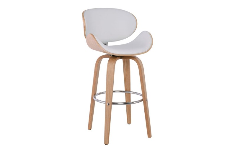 GOMEZ Σκαμπό BAR με Πλάτη, Απόχρωση Φυσικό, PU Άσπρο, Περιστρεφόμενο Άσπρο