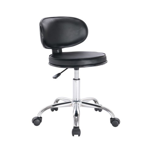 GLORY Σκαμπό με Πλάτη, Χρώμιο PU Μαύρο, Τροχήλατο, Ρύθμιση Ύψους, Περιστρεφόμενο Μαύρο